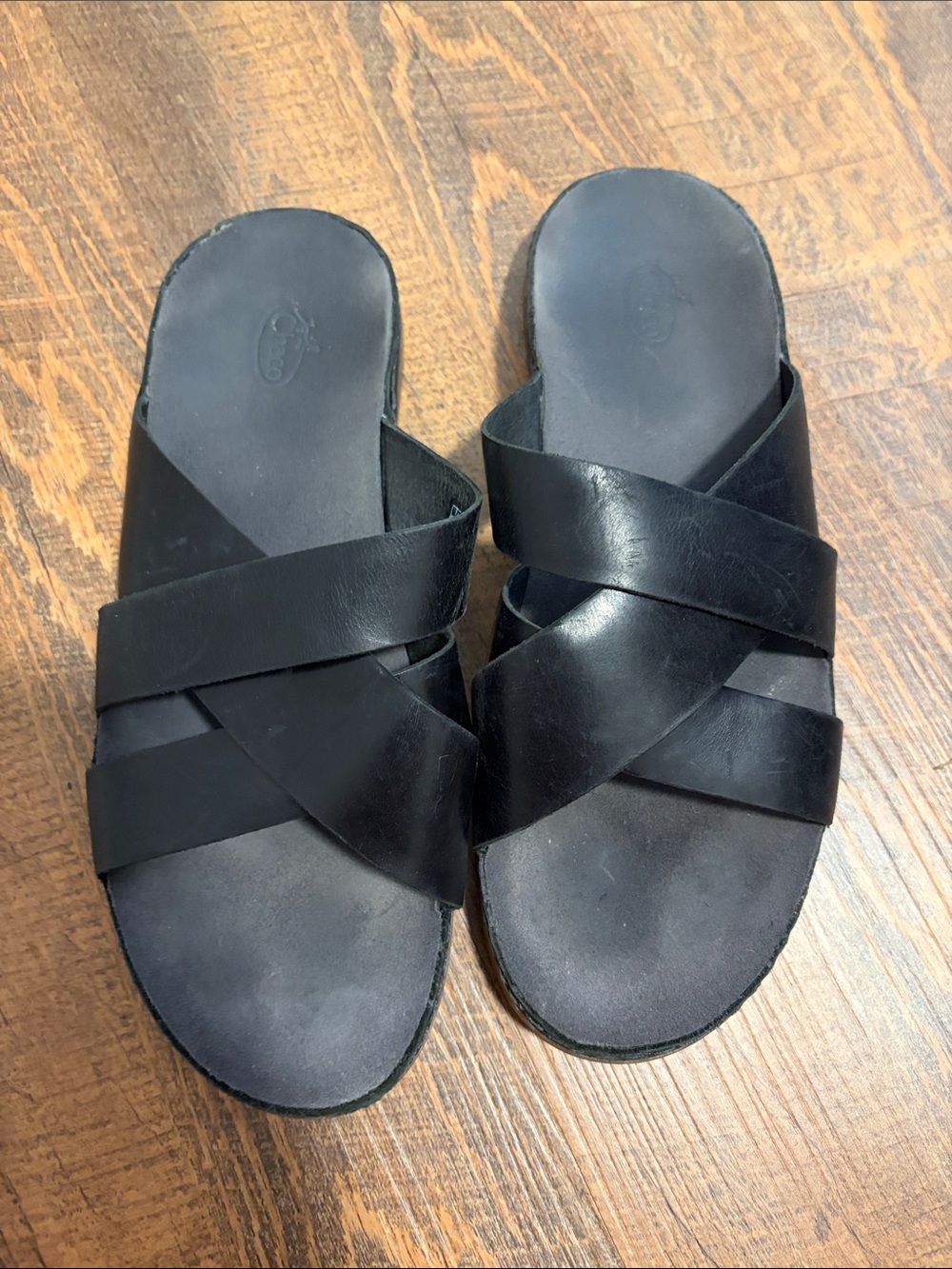 Women’s Black Leather Cross-Strap Slide Sandals